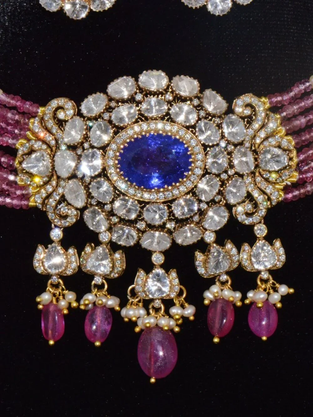 Natural Tanzanite Uncut Diamond Pearl Ruby Tourmaline 18K Gold Necklace Set